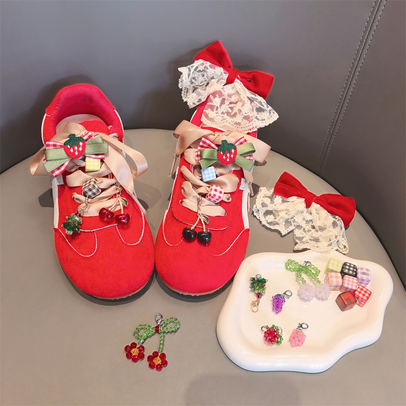 New Year's Red Christmas Beaded Shoes with High-End Lace Bow Shoe Buckles Cherry Moral Training Shoes Shoelace Decorative Buckles
