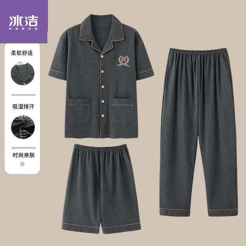 100% pijamas de algodón de los hombres de verano cardigan pantalones cortos de manga corta pantalones de tres piezas delgada más tamaño homewear traje