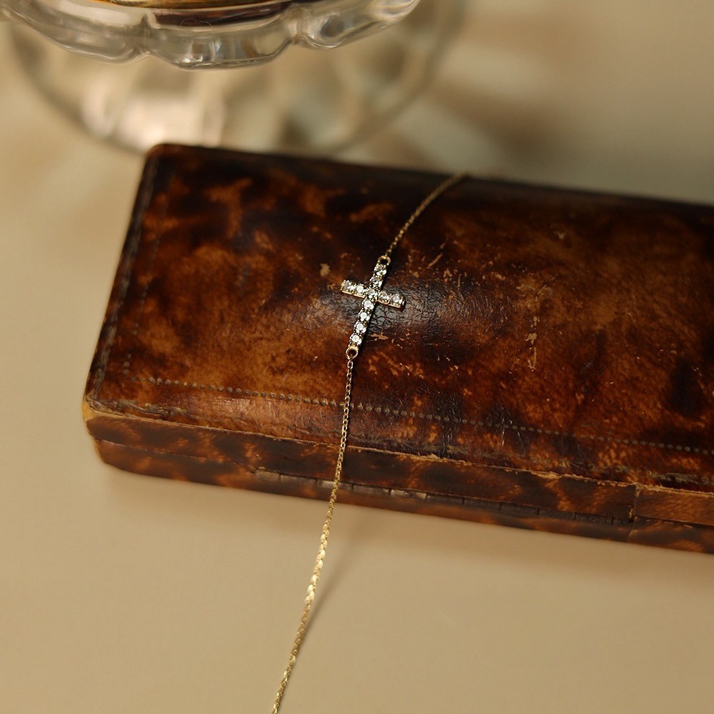 S925 Sterling Silver Plated 18K Gold Cross Bracelet Zircon Japanese Style All-match Stacked Wear Women's Xia Xiaozhong Light Luxury Design Sense