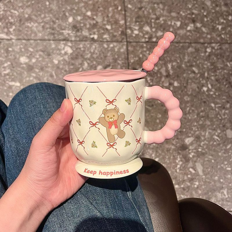 可爱卡通小熊马克杯带盖勺杯子高颜值家用陶瓷水杯生日礼物送女生|undefined