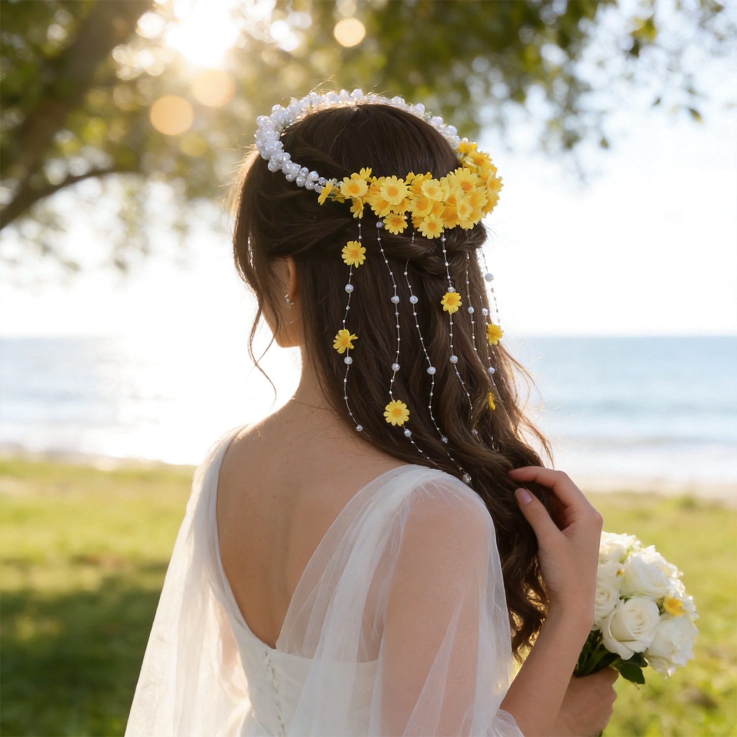 European and American style floral wreath with small daisies and tassels, wedding hair accessory, beach vacation photo accessory, bridal headpiece for women