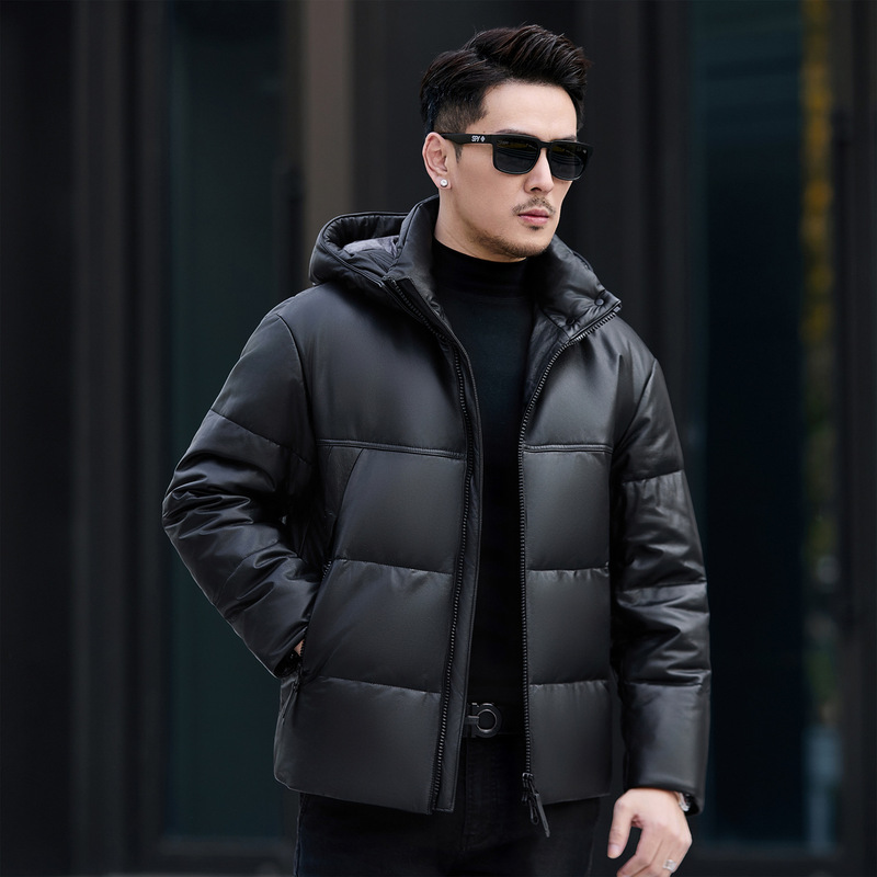 Men's Genuine Leather Cowhide Removable Hooded Goose down Leather down Jacket Middle-Aged Business Warm Leather Jacket Jacket Men's Clothing