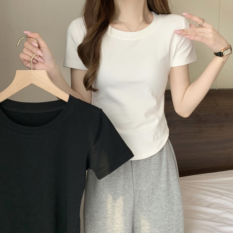 Pure cotton T-shirt women's hem arc irregular blouse solid color slim fit slimming summer new style small sense of design