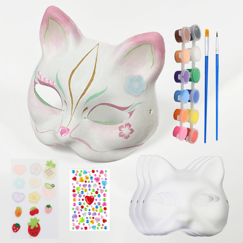 Nuevo transfronterizo DIY pulpa de embrión blanco máscara cara de gato máscara de graffiti pintada a mano para niños props de actividad manual