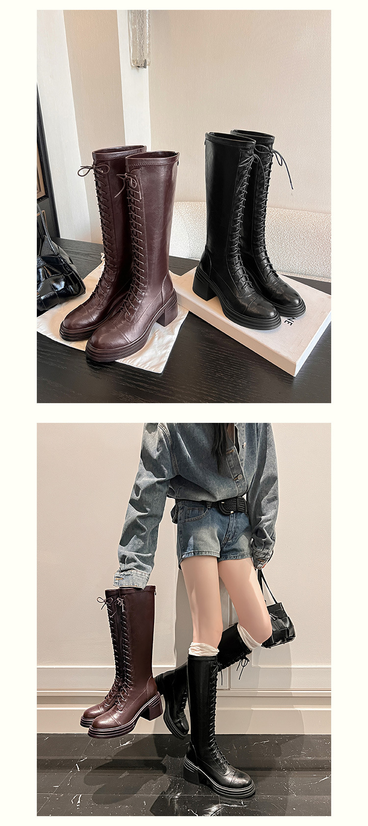 Boot nữ cổ cao ôm bắp chân đế dày dây buộc phong cách kỵ sĩ — Da lộn đen chi tiết 14