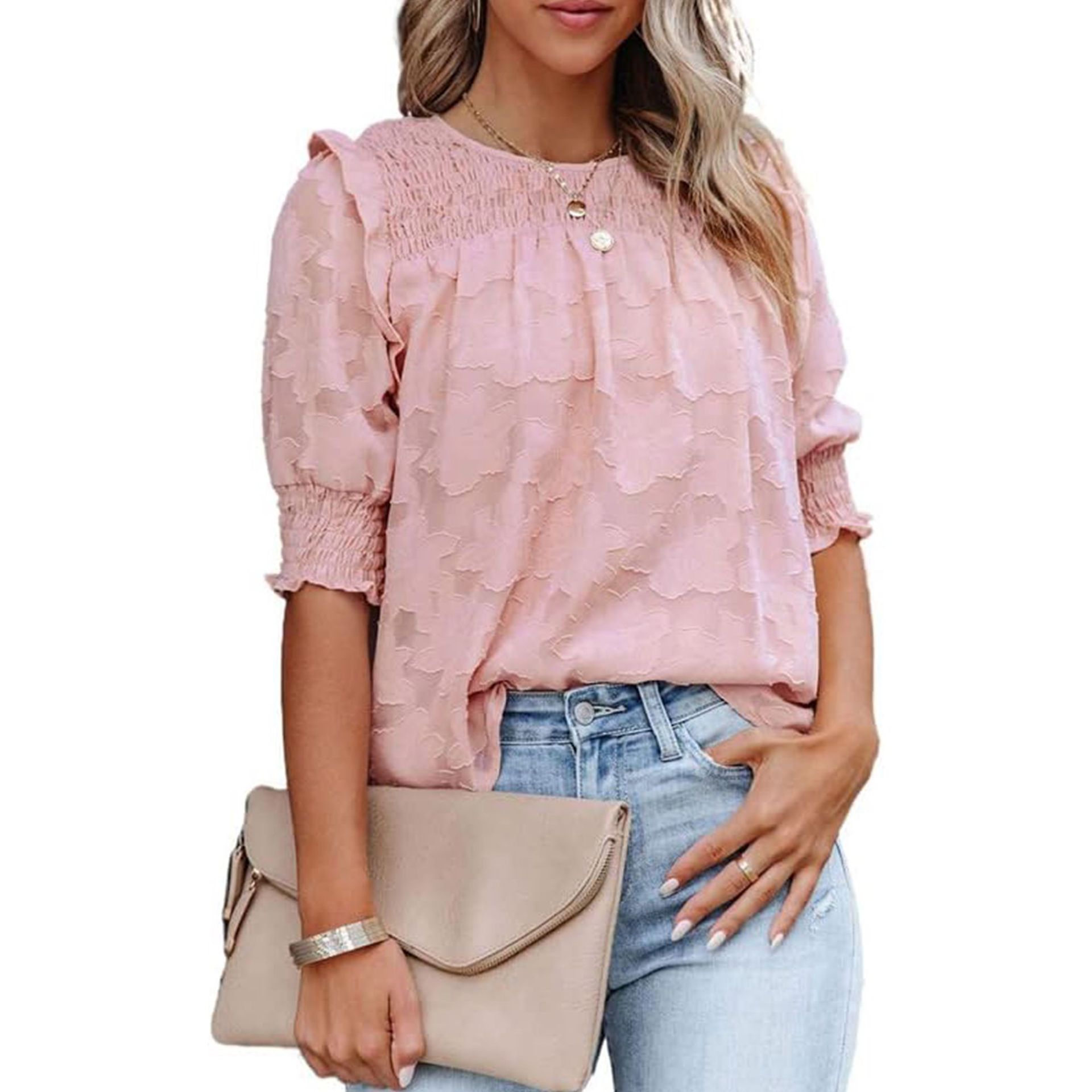 亚马逊2024春夏季新款纯色雪纺衫欧美休闲纯色褶皱提花拉球短袖女