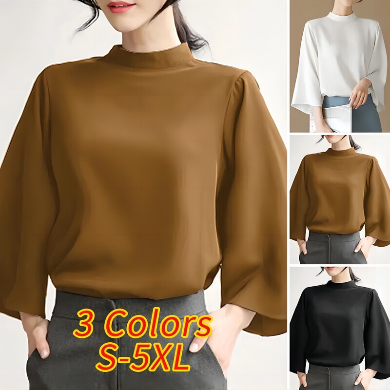 Elegant Women's Shirt 2025 Autumn Fashion Top Casual Stand Collar 3/4 Bell Sleeve Office Shirt Extra Large