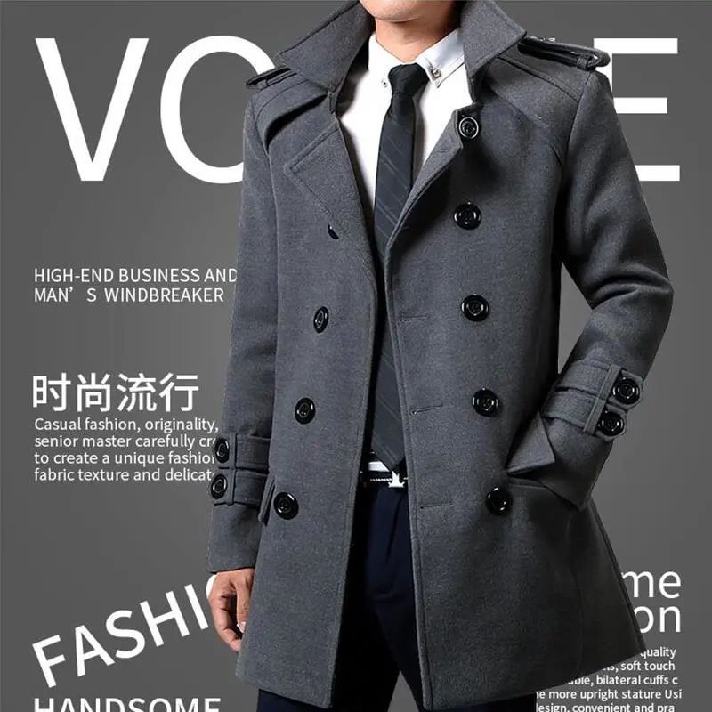 2022 New Autumn/Winter Double-Breasted Trench Coat for Men, Korean Style, Mid-Length, British Style, Slim Fit, Wool Coat