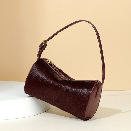 Light Luxury Horse Hair Genuine Leather Women's Bag High-end Original Design One-shoulder Armpit Bag Hand-carrying Pen Holder Bag Pillow Bag Square Bag