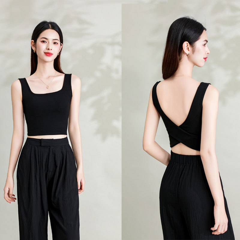 Spring and Summer New Arrival Camisole Vest with Chest Pad Women's Fashionable All-Match Outer Wearing Square Collar Cross Cotton Base Solid Color Top