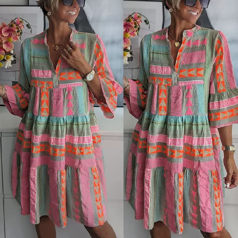 跨境外贸女装独立站亚马逊2023新款欧美秋装印花V领七分袖连衣裙