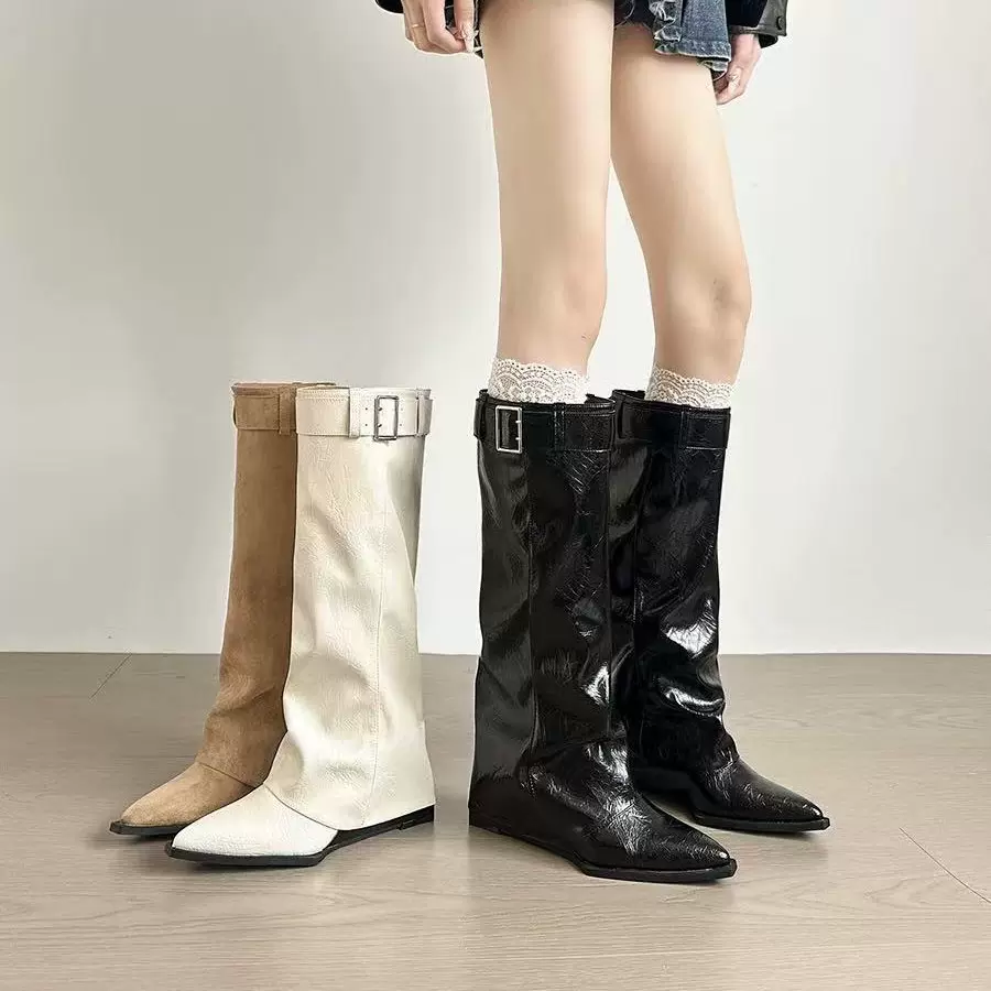 羊皮版~尖头辣妹风白色长筒靴女2025皮带扣坡跟显瘦裤筒靴骑士靴