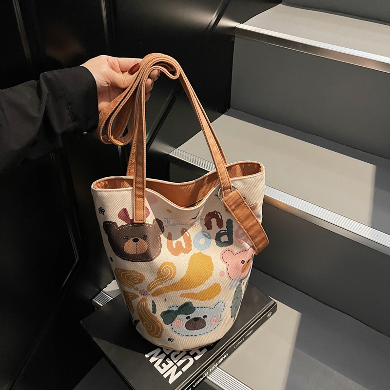Simple Textive Artistic Bucket Bag Women's 2025 New Cute Cartoon Cloth Bag Casual Distinctive Shoulder Crossbody Bag