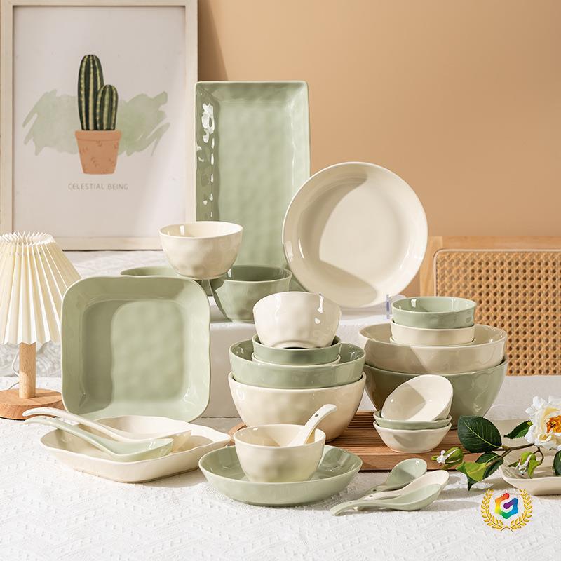 Light Luxury Ins Cream-Style Solid Color Ceramic Household Dinnerware Set for Housewarming and Family Gatherings, High Aesthetic Soup Bowls and Plates