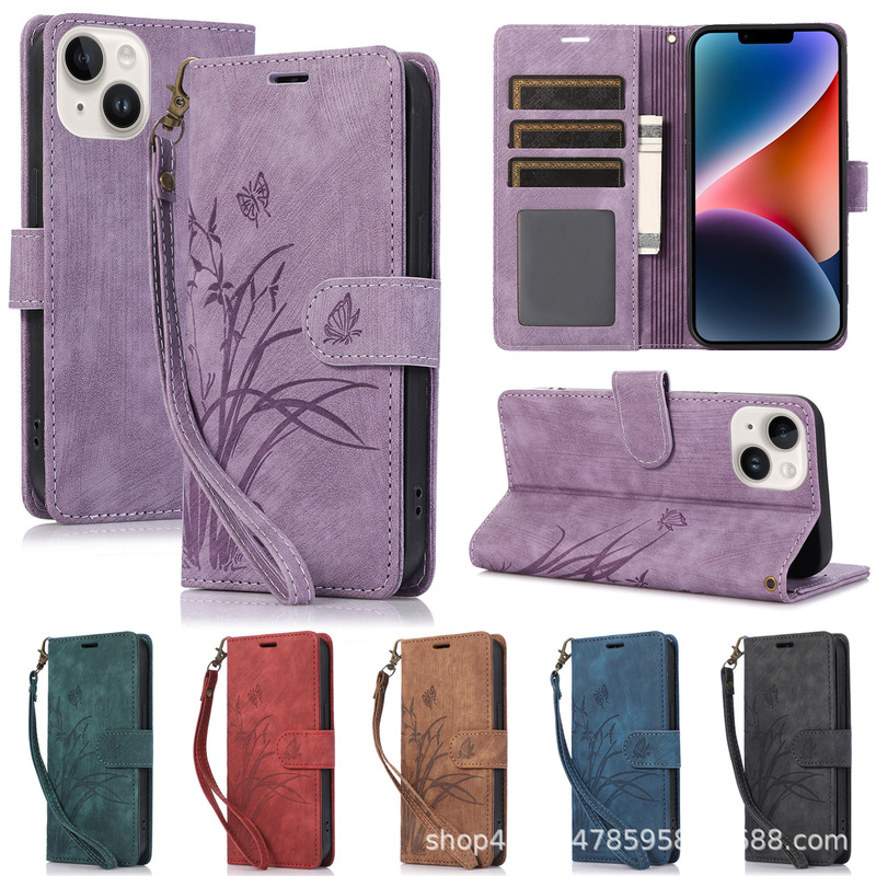 Suitable for Apple 6-16promax Series Mini Flip Orchid Butterfly Insertable Card Mobile Phone Case