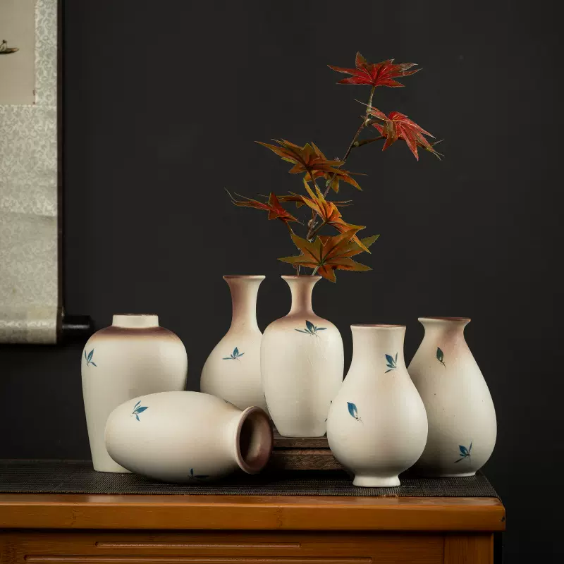现代新中式古典手绘素烧花瓶摆件桌面插花禅意茶艺客厅办公室水培