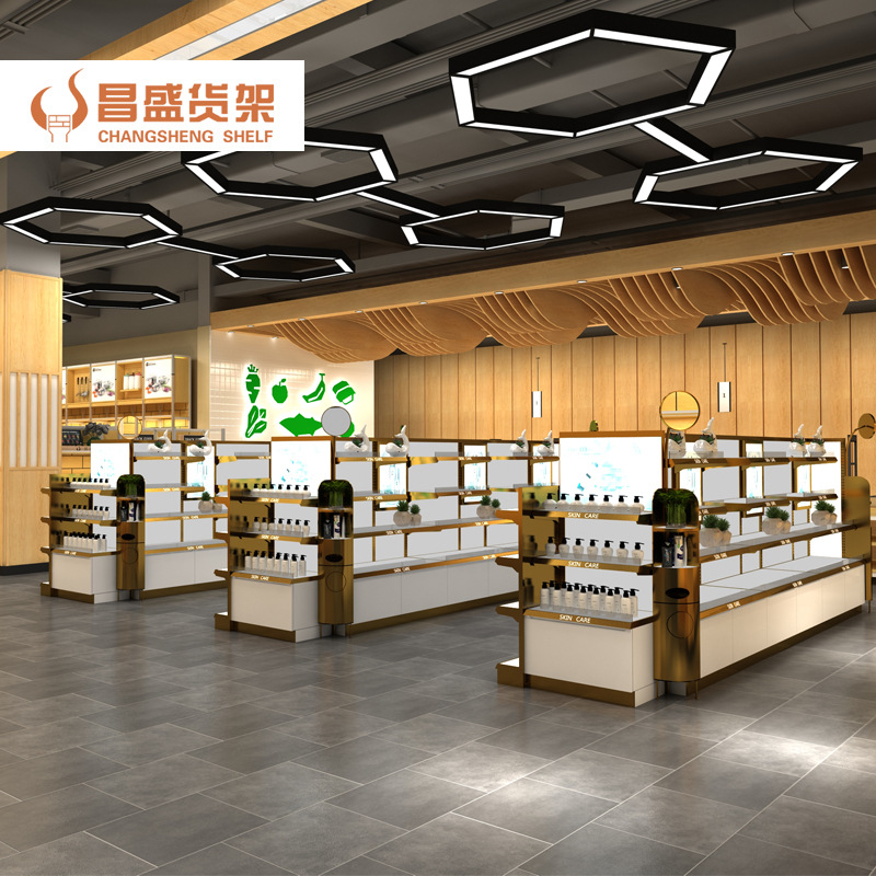 高质量超市商场展示货架洗化用品化妆柜带灯双面陈列置物架