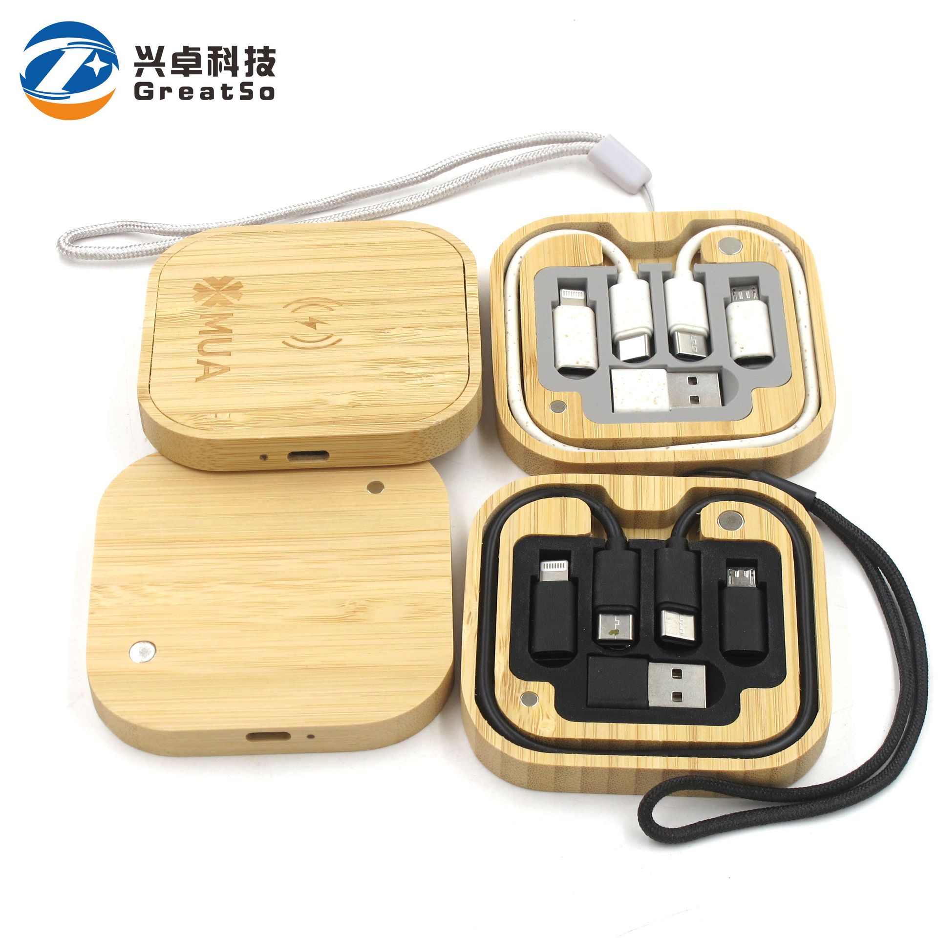 Amigo del medio ambiente bambú material de bambú 60W caja de almacenamiento de cable de datos de paja de trigo 15W cargador inalámbrico de carga rápida