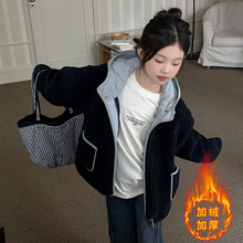 女童羊羔绒外套秋冬款中大童装黑色加厚上衣服女孩冬季保暖毛毛衣