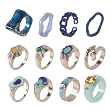 冷色克莱因蓝树脂戒指不掉色小众几何指环爱心笑脸合金食指戒套装