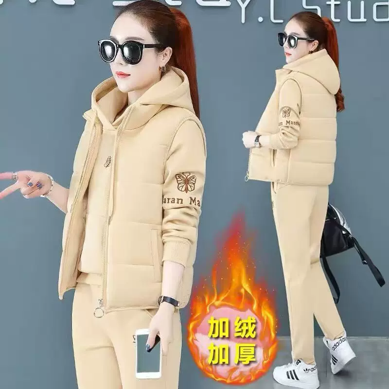 妈妈秋冬马甲三件套中老年加绒加厚运动服套装女防寒冬装外套新款