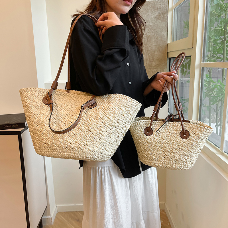 Stylish Solid Color Woven Bag, Large Capacity Vacation Straw Tote Bag, Market Basket Bag For Women (Available In Small And Large) - Thumbnail 2