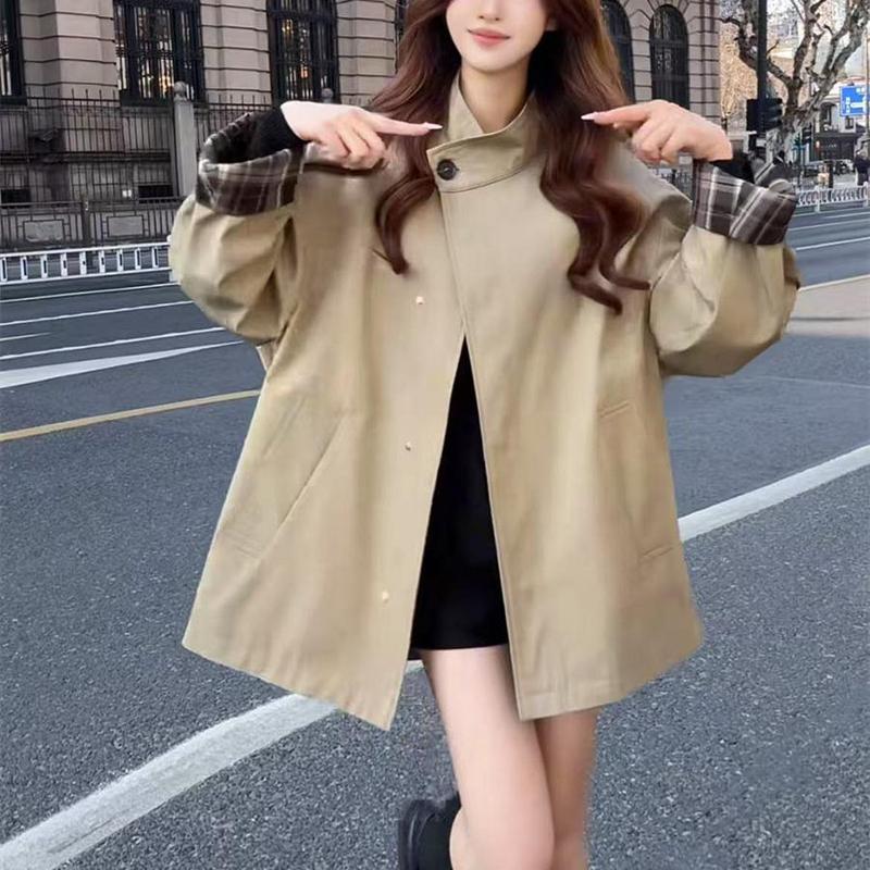2025春季新款撞色风衣短外套女廓形高级感宽松显瘦百搭英伦风大衣|undefined