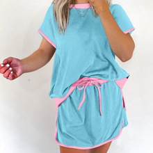 2025夏季热卖新款宽松运动风休闲欧美时尚拼色短袖短裙套装