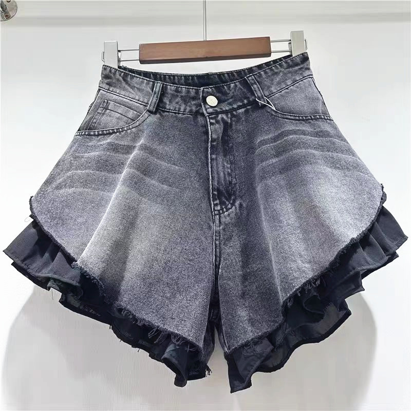 Pantalones Cortos de Mezclilla Anchos de Mezclilla con Empalme de Encaje y Lavado Desgastado