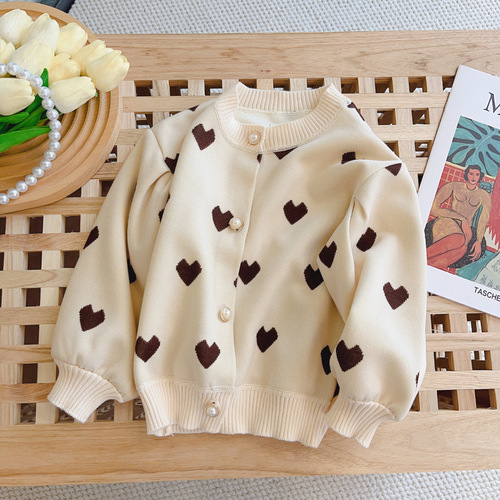 Children's Knitted Cardigan Spring and Autumn Girls' Fashion Lantern Sleeve Heart Sweater Coat Korean Version Little Chiffon Top