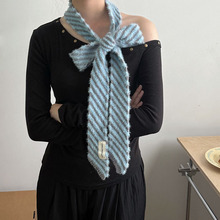 *雾蓝色*韩版设计原创斜条纹腊肠细围巾日系装饰围脖搭配个性围巾