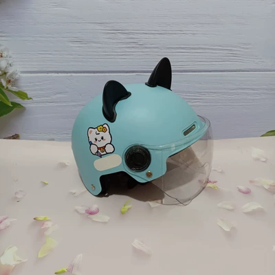 children's helmet cute cartoon — Motosiklet kaskı (dəbilqə) - writing-cat-light-blue-and-white-short-black-cat-ears-7-15-years-old