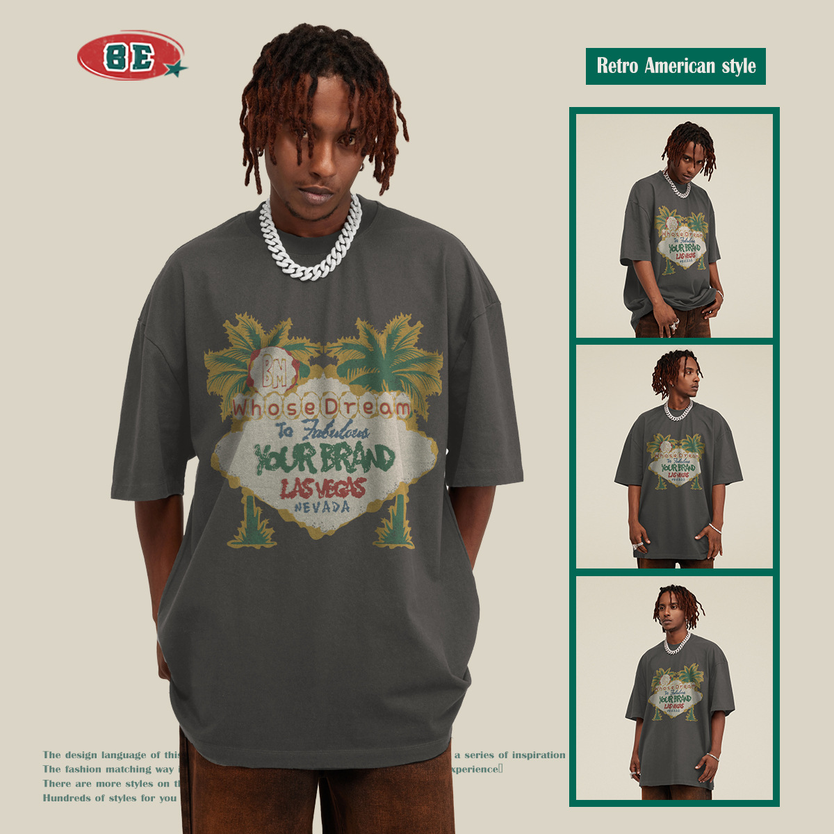Camiseta de Marca BE para Hombre, Colección Primavera/Verano 2025, Estilo Vacaciones en la Costa Oeste, con Estampado de Palmeras, Manga Corta, Holgada, Moderna, Casual y Versátil