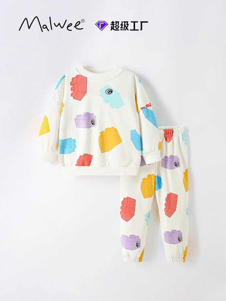 Malwee set de niños otoño y invierno nuevo estilo europeo y americano para niños de mediana edad impresión casual de cuello redondo para niños dos piezas set