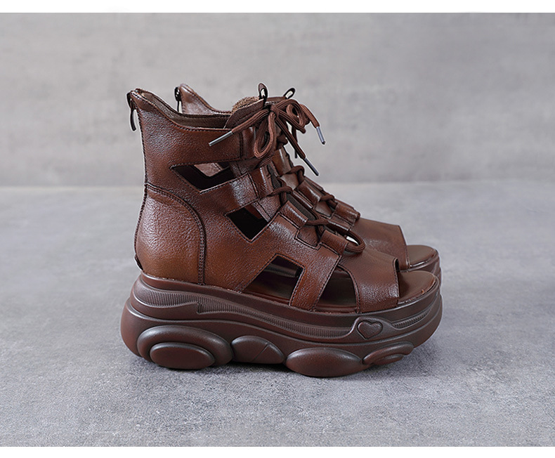 Sandal nữ da bò thật đế bánh xốp tăng chiều cao, quai mảnh cổ cao phong cách La Mã — Màu nâu chi tiết 12