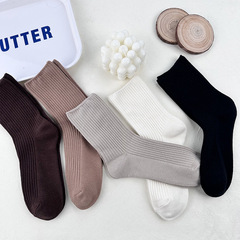 Spring and Autumn Solid-Color Mid-Calf Socks, Instagram-Famous Trendy Socks, Long Vertical Stripe Socks for Women, Mid-Calf Socks & Pile-Up Socks—Factory Wholesale