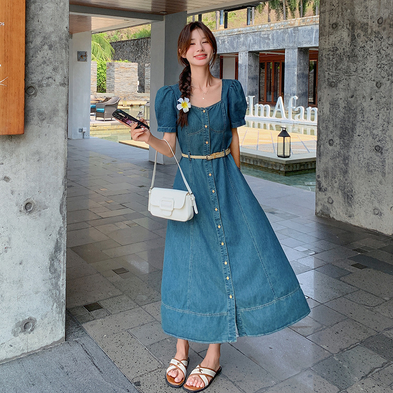 Real shot fashion Hong Kong style Denim dress 2024 new sweet little square collar waist slim bubble sleeve length