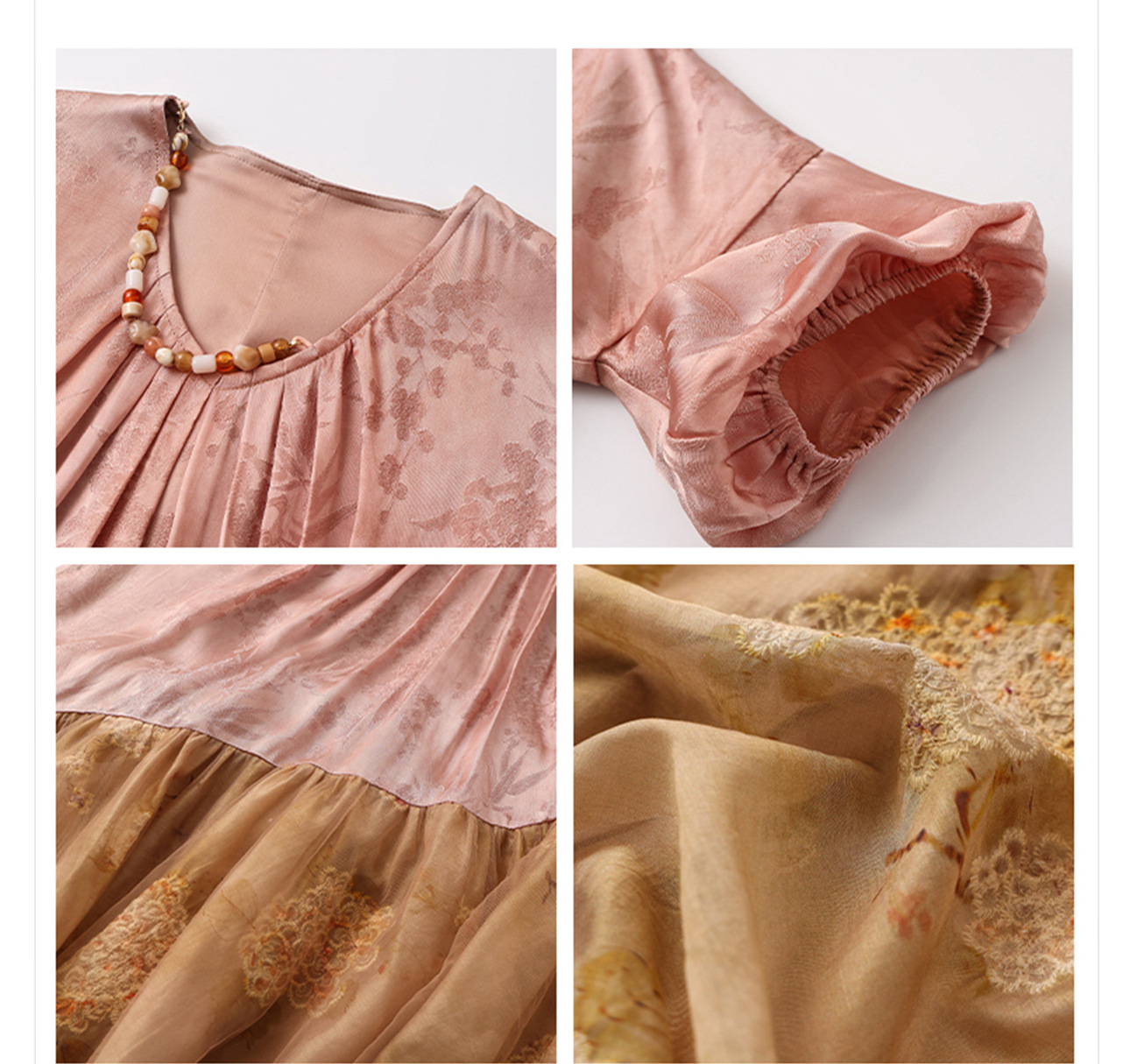Váy maxi nữ phối hoa phong cách quốc gia cao cấp, chất rayon sang trọng, tay ngắn, thắt eo — Màu trắng, Màu mơ cà phê chi tiết 5
