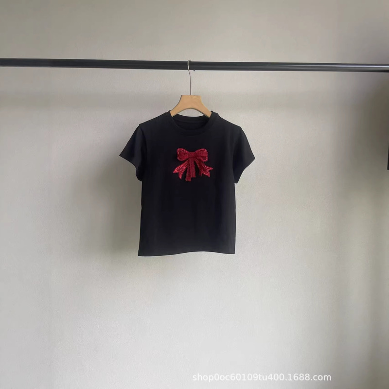 Designer Style 2026 Spring/Summer New Exquisite and Playful Black Beaded Embroidered Bowknot Short-Sleeve T-Shirt for Women