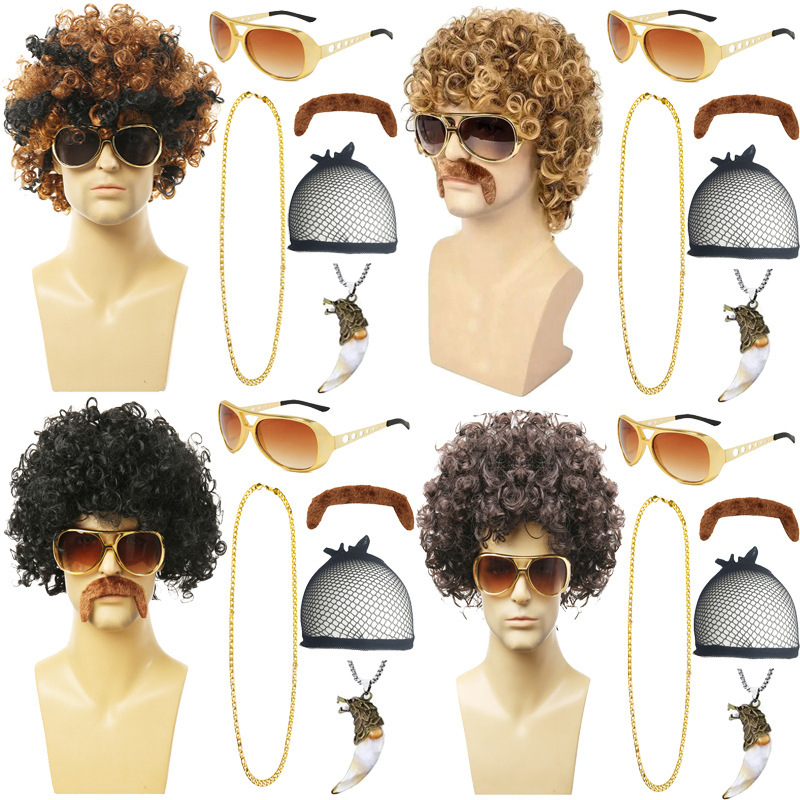 European and American Men's Rock Hair Halloween Disco Hippie 80S Punk Golden Necklace Black Curly Hair Wig
