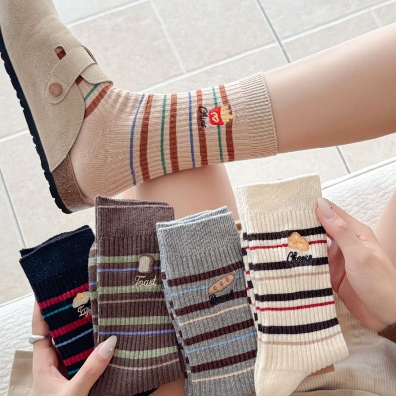 Mekki秋冬新款袜子女中筒袜趣味刺绣条纹女袜韩系ins潮初秋休闲袜|undefined