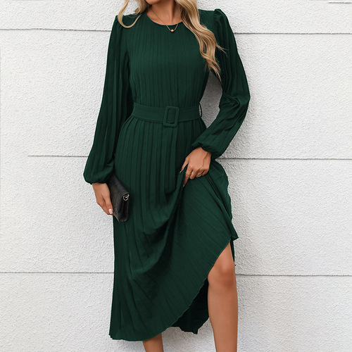 Independent Station Europe 2025 New Autumn Cross-border Party Professional Elegant Retro Long-Sleeve Solid Color Pleated Dress