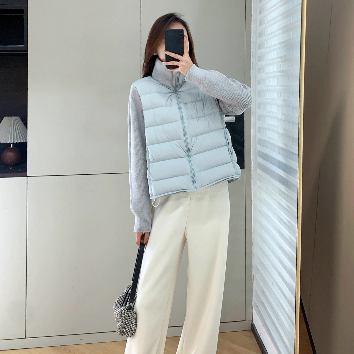 Slimming! 90% White Duck down Lightweight Warm Slim-Fit Knit Spliced Ribbed down Jacket Stand Collar Coat for Women