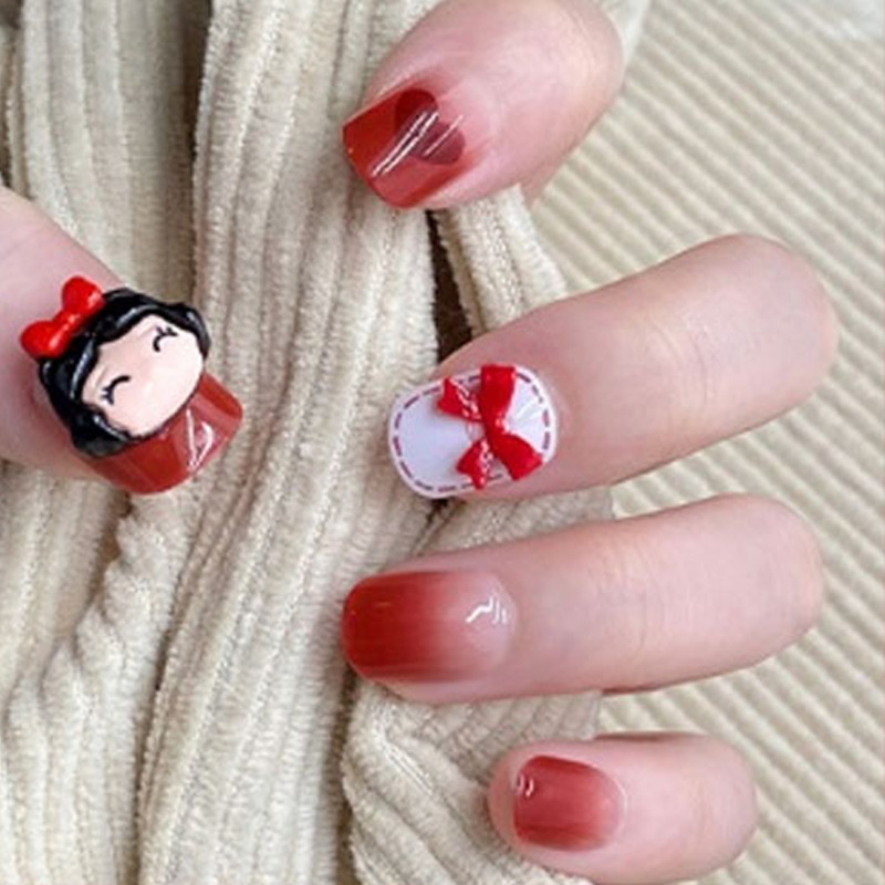 Snow White cartoon-themed press-on nails, wine-red gradient, 3D bow design, short style, makes skin look fairer, perfect for a New Year's atmosphere