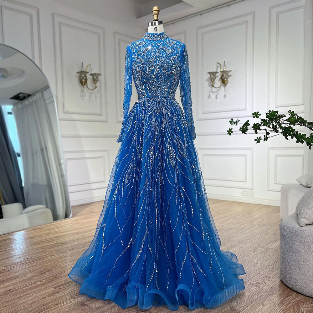 Foreign Trade Blue Beaded High-end Elegant Long-sleeved A- line Dress Banquet Host Annual Meeting Evening Dress LA72302A
