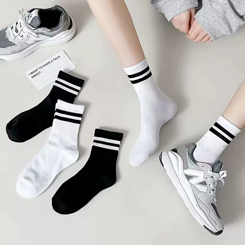 袜子女中筒袜春秋款纯棉ins潮网红外穿黑白色秋冬季长袜运动长筒