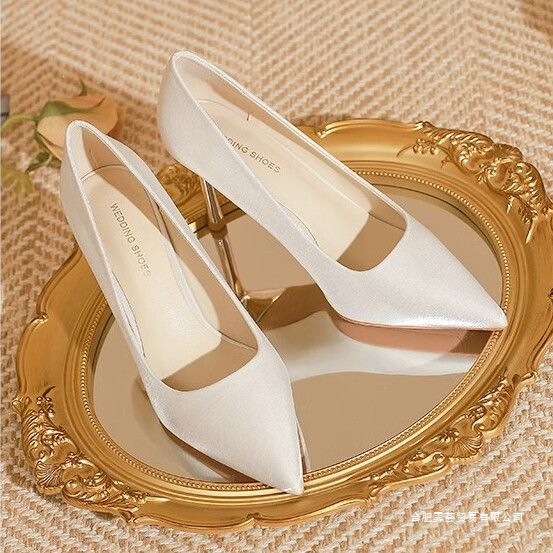 Summer French-Style White High-Heeled Shoes for Women, Wedding Shoes, New Bridal Style, Dual-Wear Pointed Toe Single Shoes, Bridesmaid Split-Toe Professional Shoes