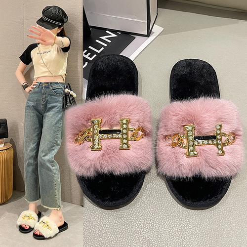 Amazon Slippers Winter Home Cotton Slippers Indoor Warm Metal Chain Flat Heel Fashion Furry Slippers for Women