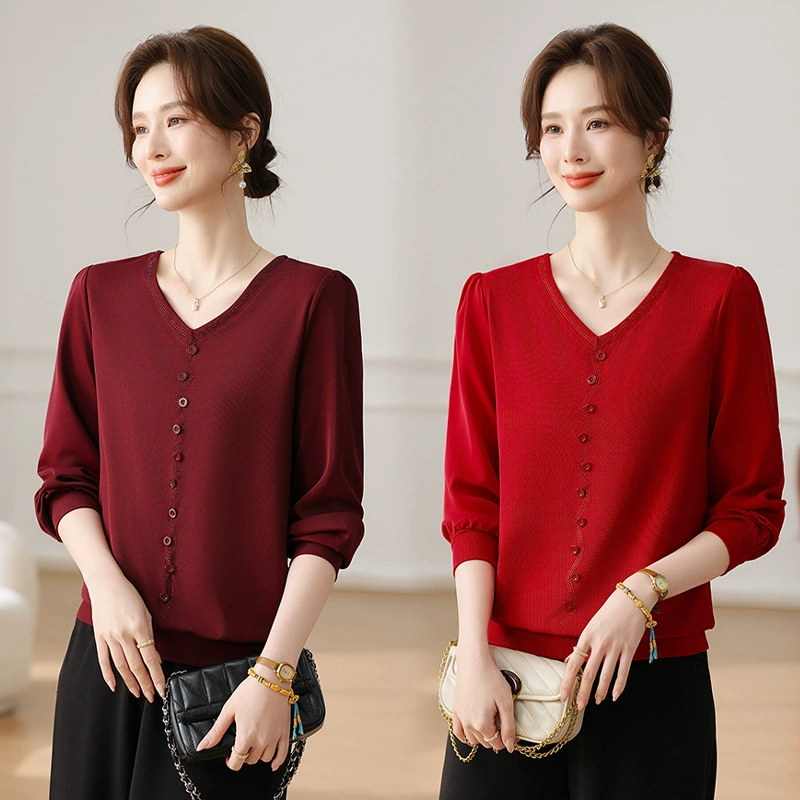 Весенне-осенняя новая свободная футболка большого размера для мам среднего возраста, которая уменьшает возраст и прикрывает живот, стильная рубашка с длинными рукавами и V-образным вырезом сверху и снизу.