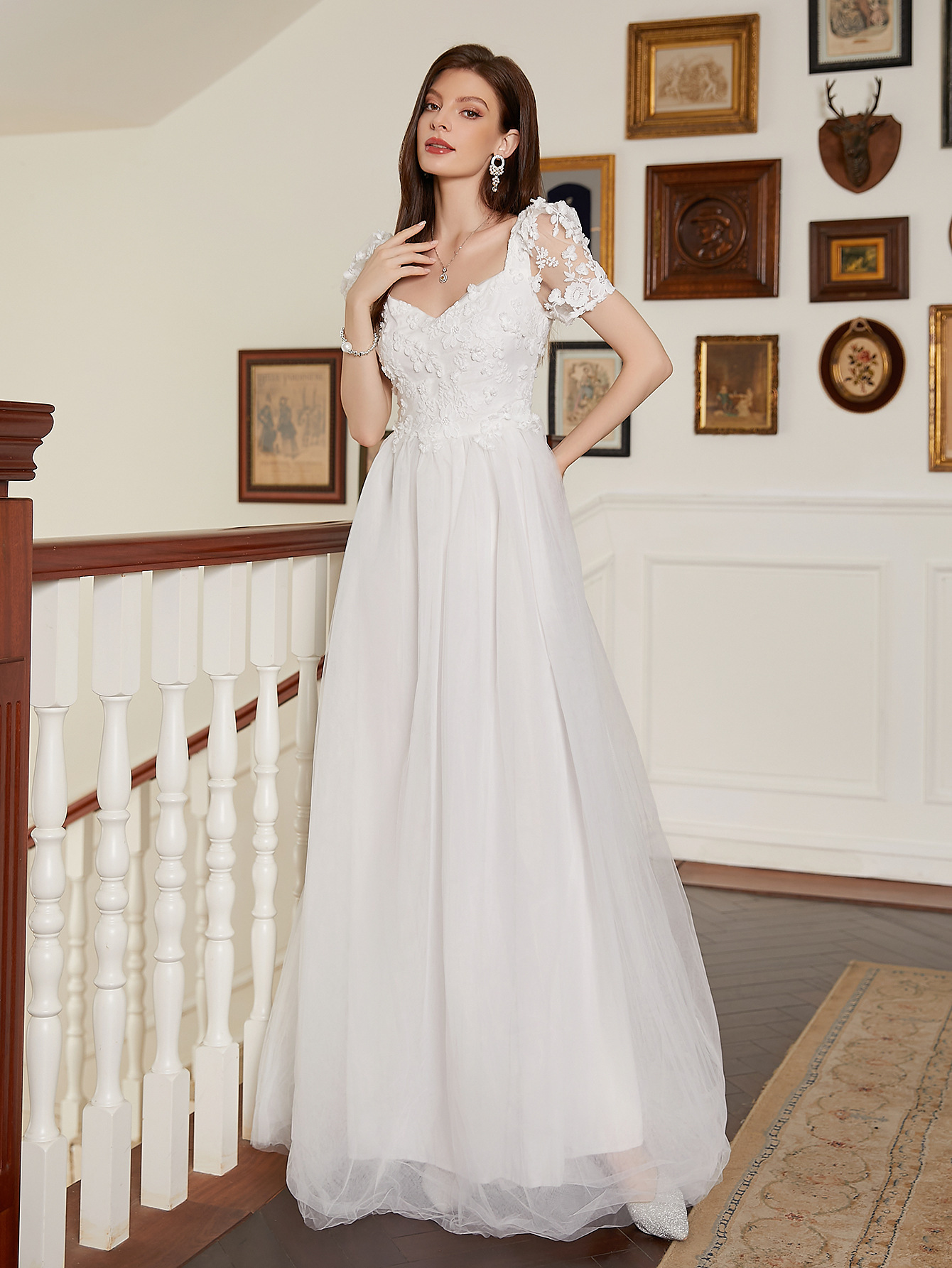 Blanco encaje empalmado vestido vestido vestido vestido largo nuevo banquete transfronterizo